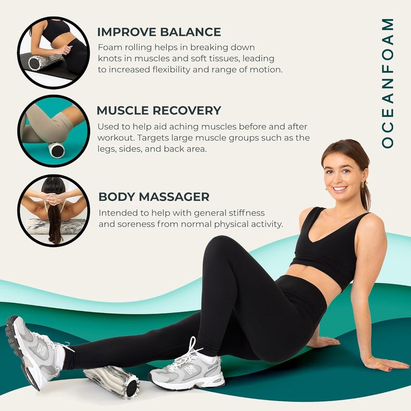 Oceanfoam Ripple Travel Foam Roller (11" x 3.35") Firm Mini Foam Roller for Physical Therapy, Deep Tissue Massage, Back Pain - High Density, Ergonomic Wave Textured - Yoga, Exercise (Black Marbled) - Image 5